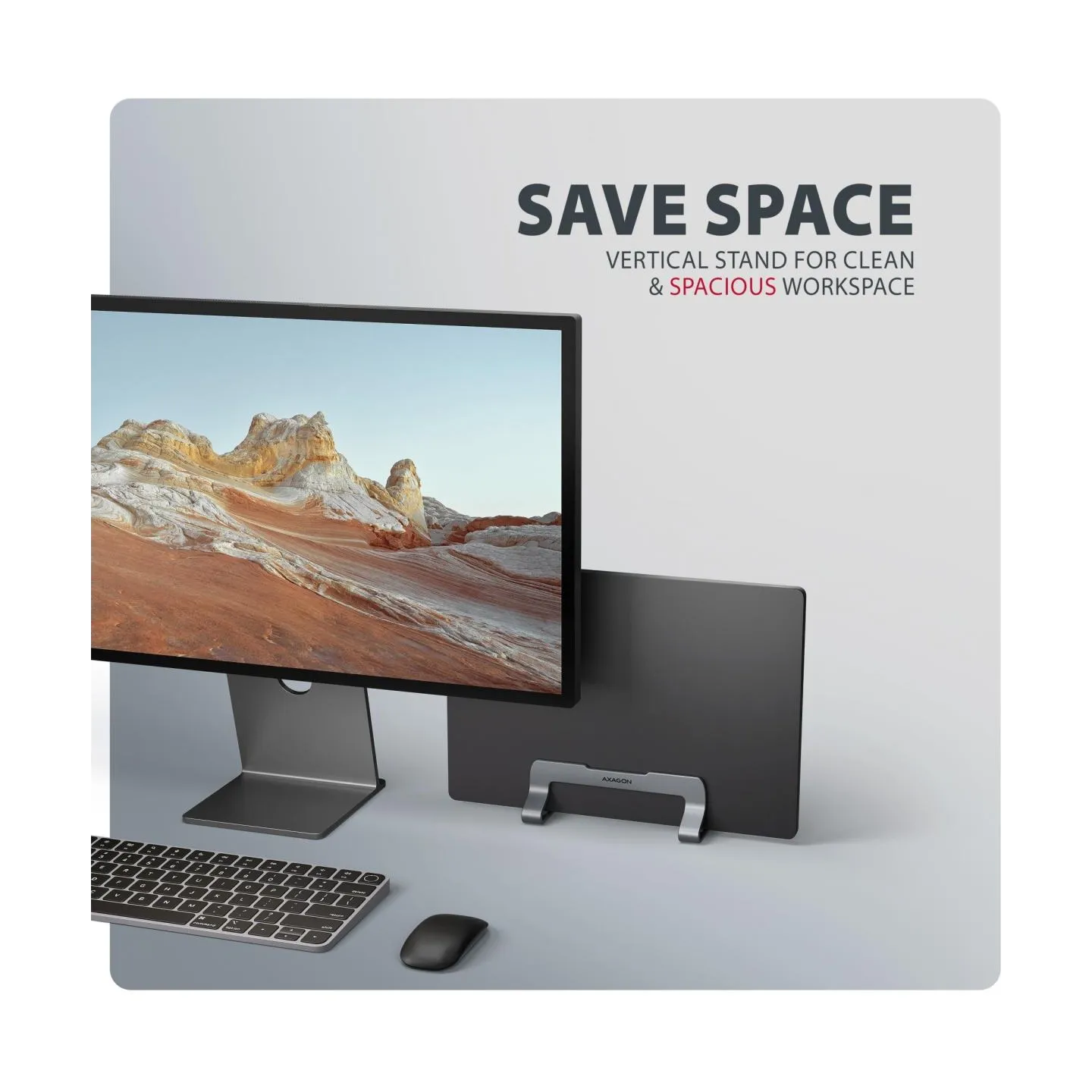 Axagon STND-VG vertical stand for laptops and tablets. Aluminum stand for vertical insertion of laptops sized 10-17.3. Adjustabl