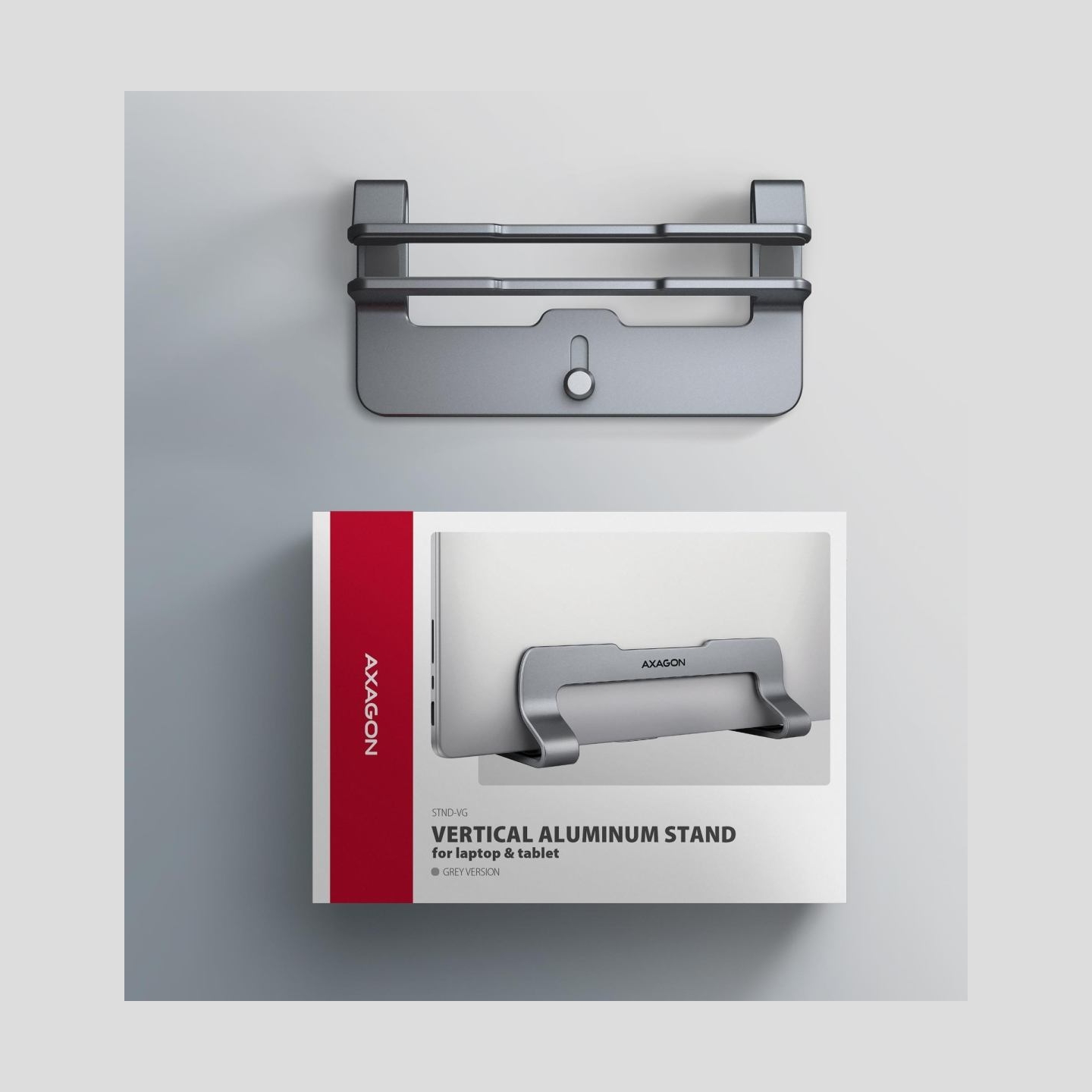 Axagon STND-VG vertical stand for laptops and tablets. Aluminum stand for vertical insertion of laptops sized 10-17.3. Adjustabl