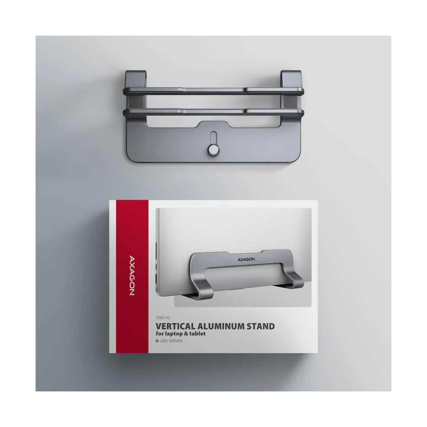 Axagon STND-VG vertical stand for laptops and tablets. Aluminum stand for vertical insertion of laptops sized 10-17.3. Adjustabl