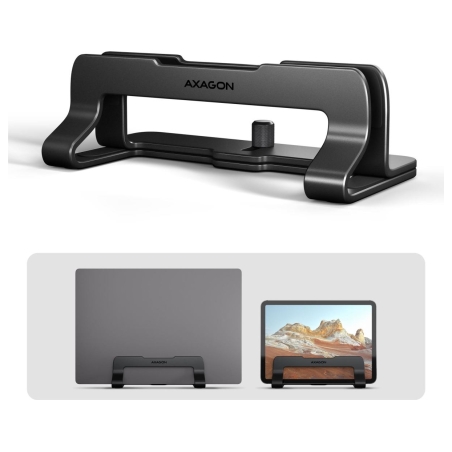 Axagon STND-VB vertical stand for laptops and tablets. Aluminum stand for vertical insertion of laptops sized 10-17.3. Adjustabl