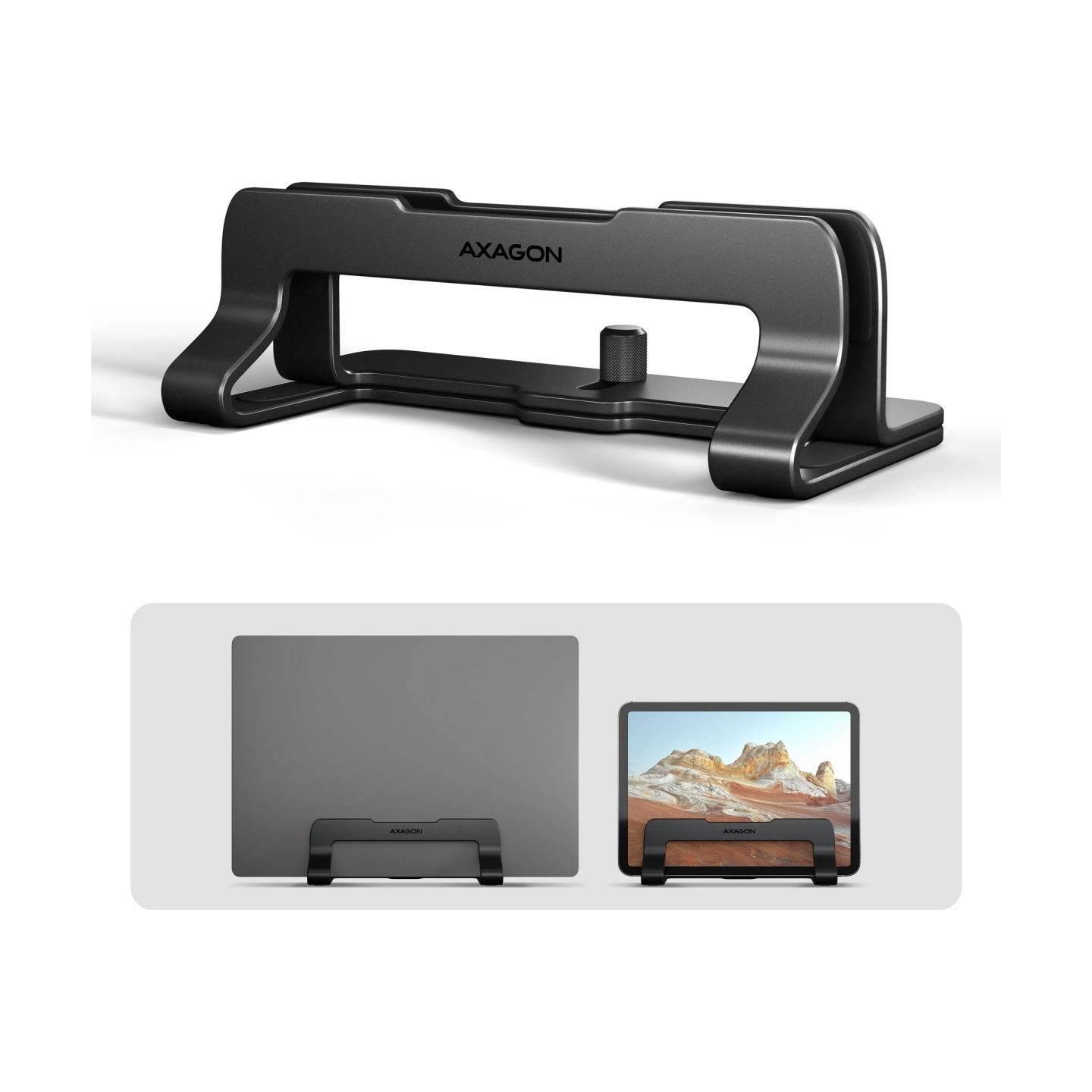 Axagon STND-VB vertical stand for laptops and tablets. Aluminum stand for vertical insertion of laptops sized 10-17.3. Adjustabl