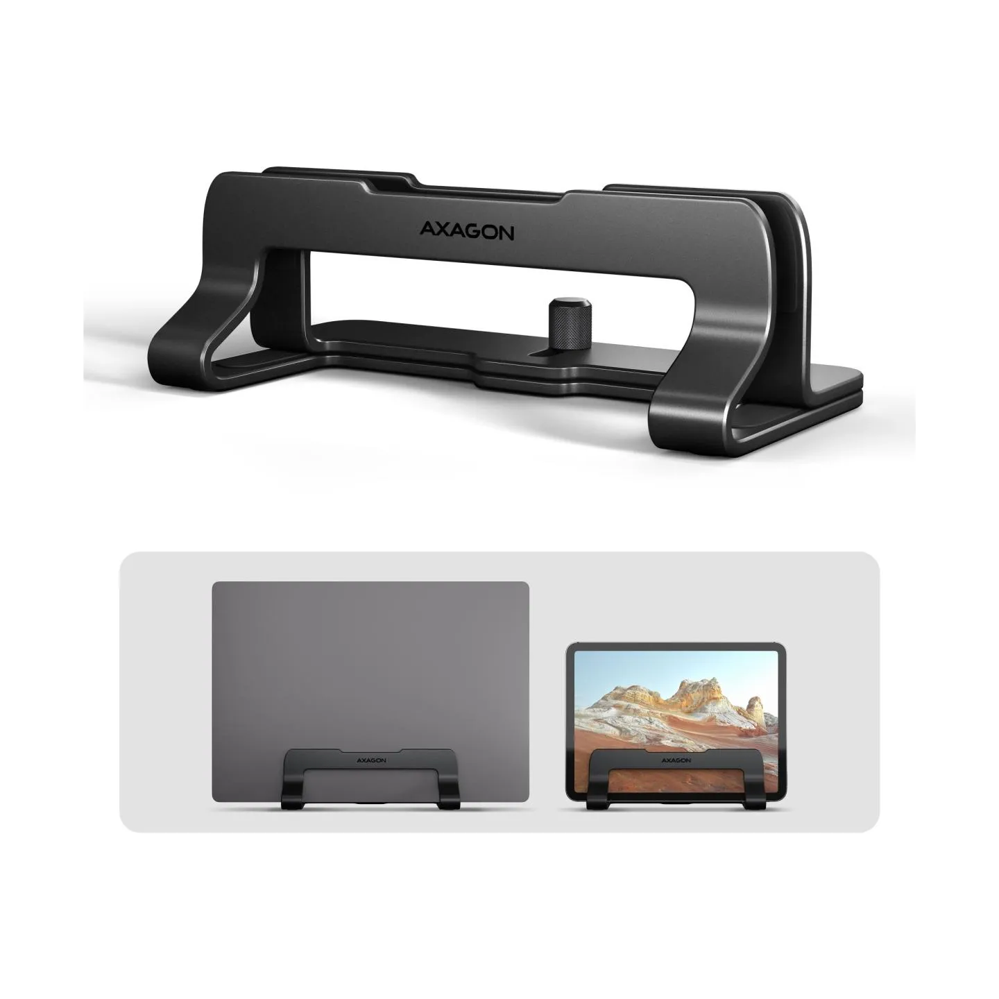 Axagon STND-VB vertical stand for laptops and tablets. Aluminum stand for vertical insertion of laptops sized 10-17.3. Adjustabl