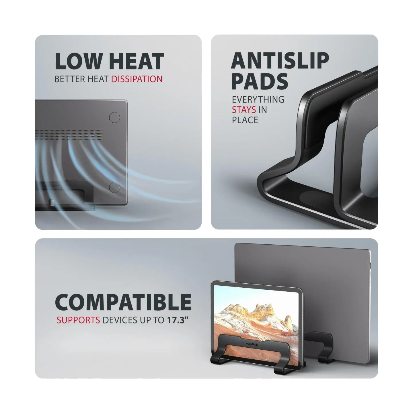 Axagon STND-VB vertical stand for laptops and tablets. Aluminum stand for vertical insertion of laptops sized 10-17.3. Adjustabl