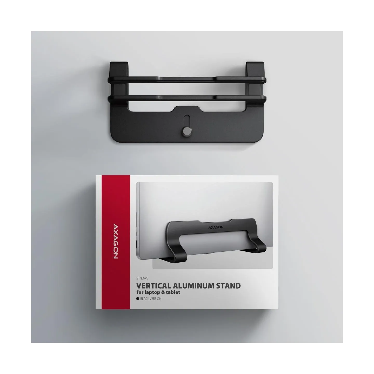 Axagon STND-VB vertical stand for laptops and tablets. Aluminum stand for vertical insertion of laptops sized 10-17.3. Adjustabl