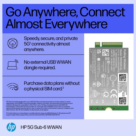 HP 5G Modem m.2 WWAN 4G/5G Sub-6 GHz FM350-GL Mobile Broadband Cellular (compatible with WWAN-ready EliteBook 8 X - G1i G1a - 13