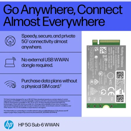 HP 5G Modem m.2 WWAN 4G/5G Sub-6 GHz FM350-GL Mobile Broadband Cellular (compatible with WWAN-ready EliteBook 8 X - G1i G1a - 13