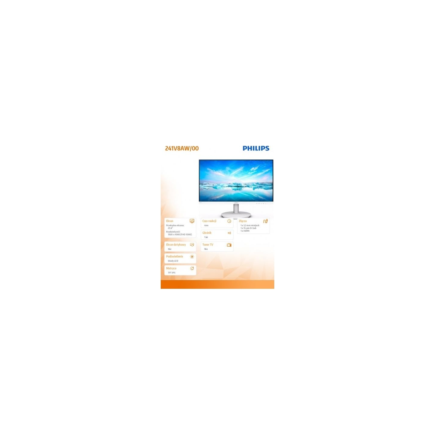 Philips Moniotr 241V8AW 23.8 inch IPS HDMI Speakers White