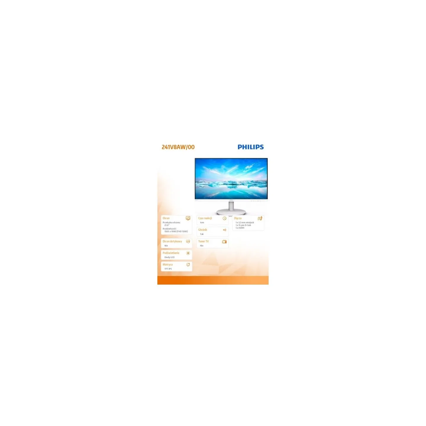Philips Moniotr 241V8AW 23.8 inch IPS HDMI Speakers White