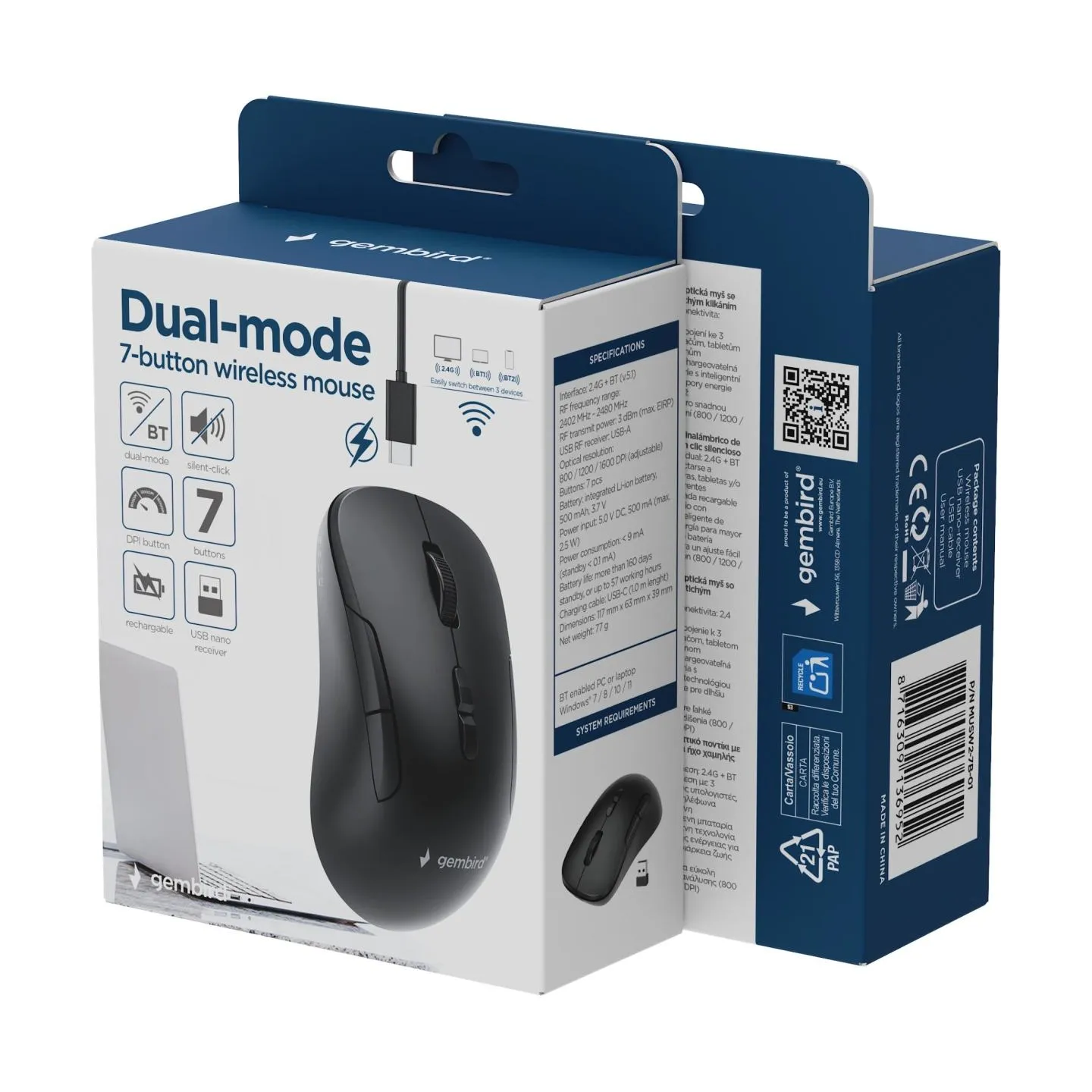 Gembird MUSW2-7B-01 Dual-mode 7-button wireless mouse, black | Gembird