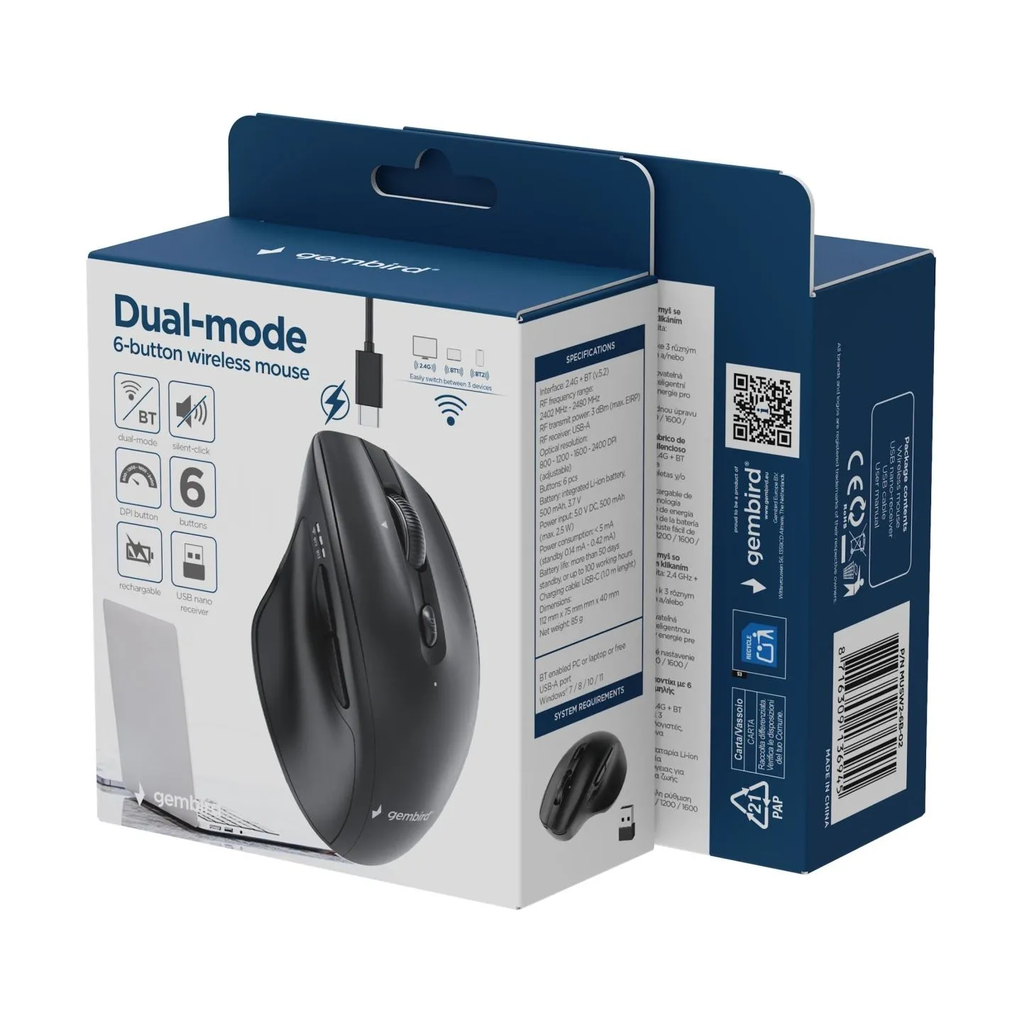 Gembird MUSW2-6B-02 Dual-mode 6-button wireless mouse, black | Gembird