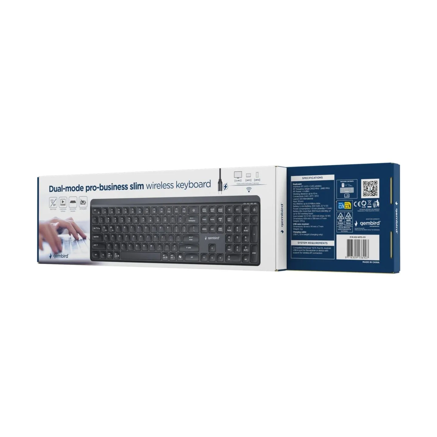 Gembird KB-WPS-03 Dual-mode pro-business slim wireless keyboard, 2.4G+BT, US layout | Gembird