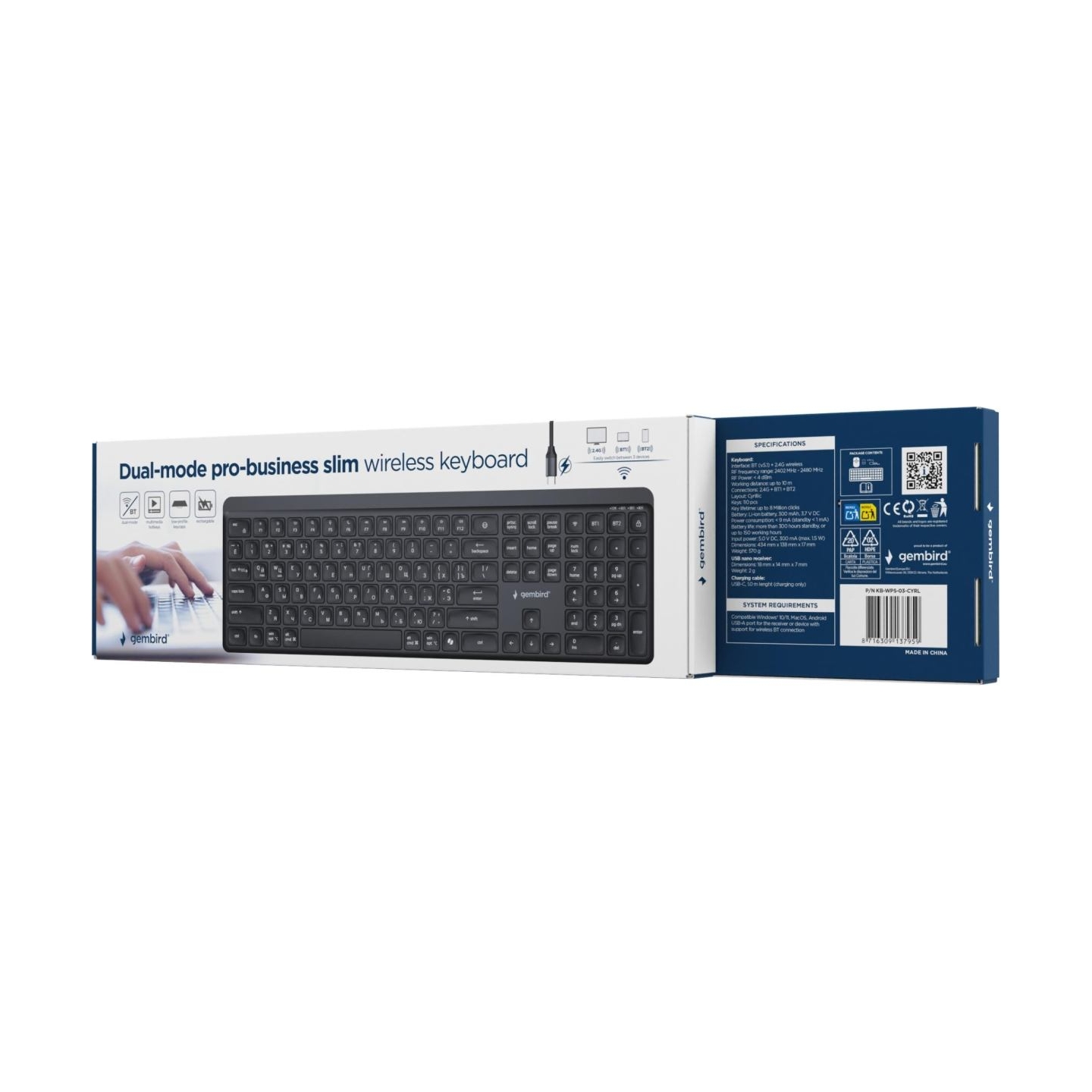 Gembird KB-WPS-03-CYRL Dual-mode pro-business slim wireless keyboard, 2.4G+BT, Cyrillic layout | Gembird