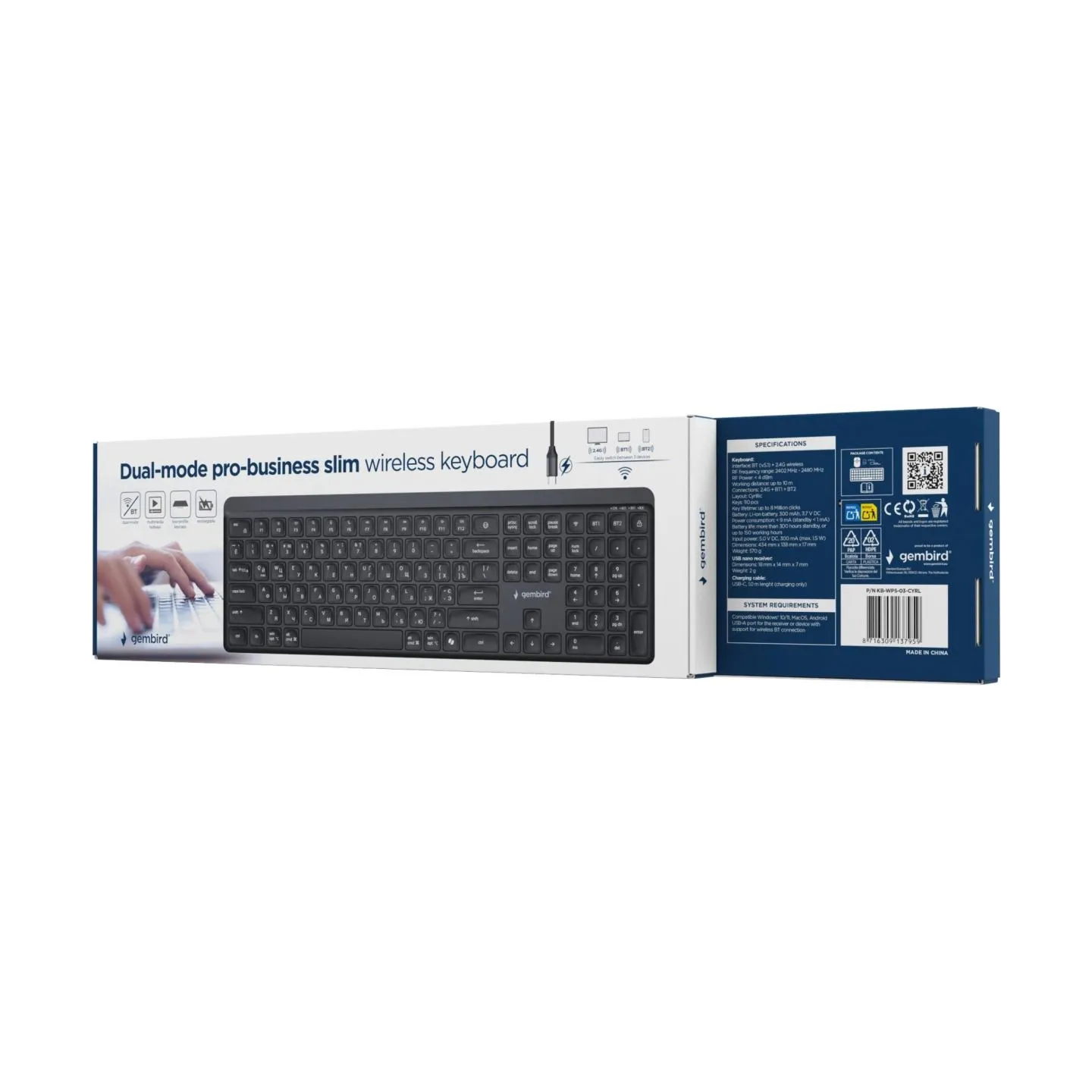Gembird KB-WPS-03-CYRL Dual-mode pro-business slim wireless keyboard, 2.4G+BT, Cyrillic layout | Gembird