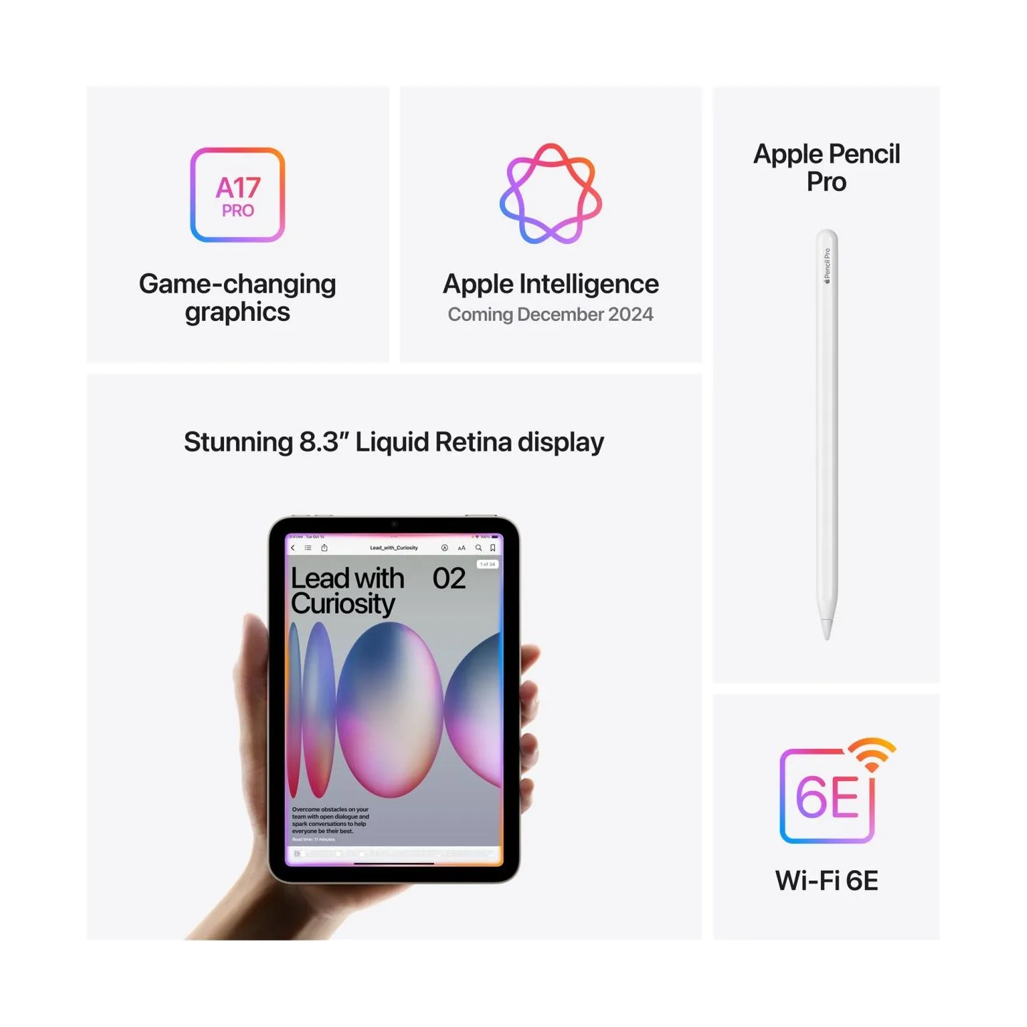 Apple | iPad mini | 8.3 " | Space Grey | IPS | 2266 x 1488 pixels | Apple A17 Pro | 512 GB | Wi-Fi | Front camera | 12 MP | Rear
