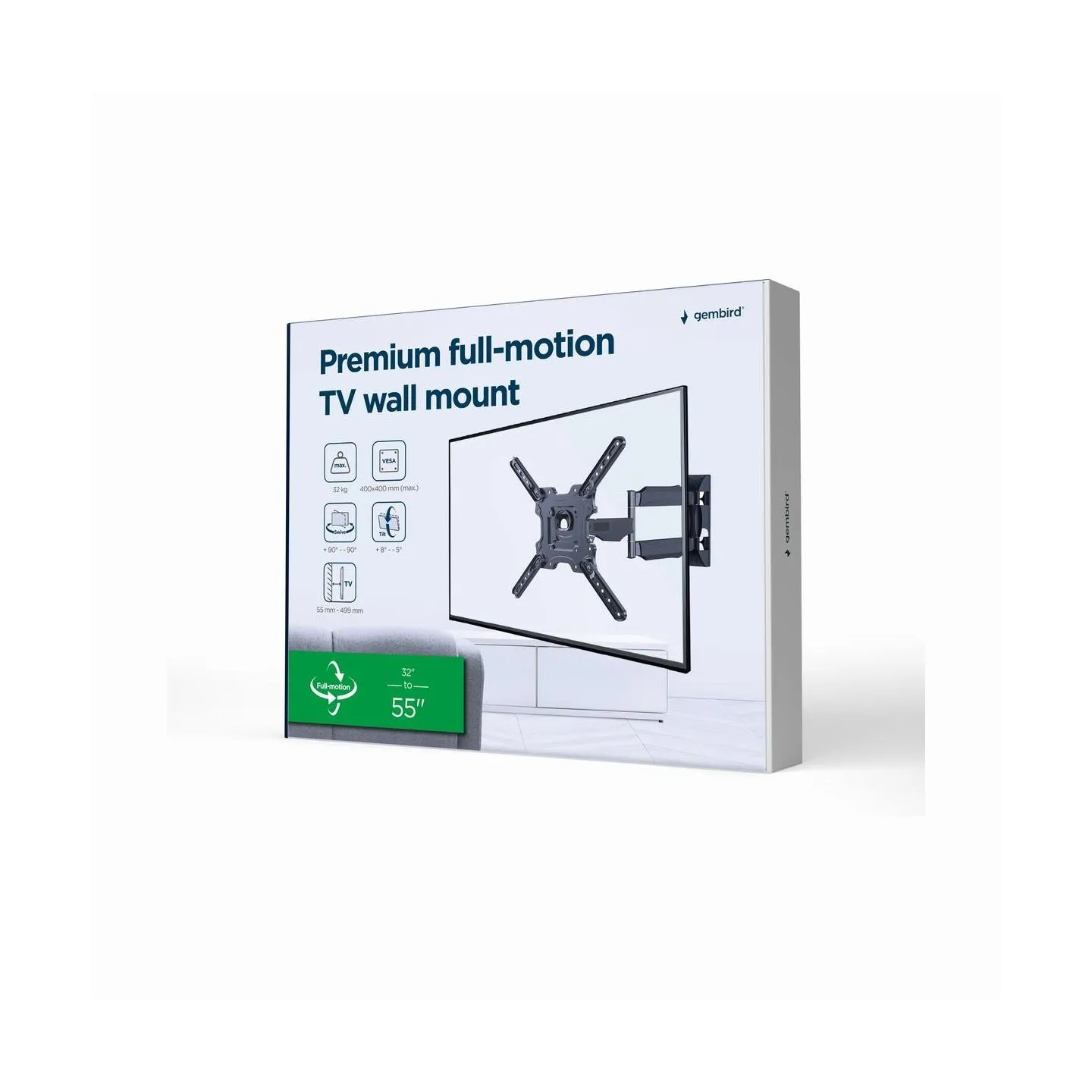 Gembird | Wall mount | WM-55ST-01 | Tilt, swivel, rotate | 32-55 " | Maximum weight (capacity) 32 kg | Black