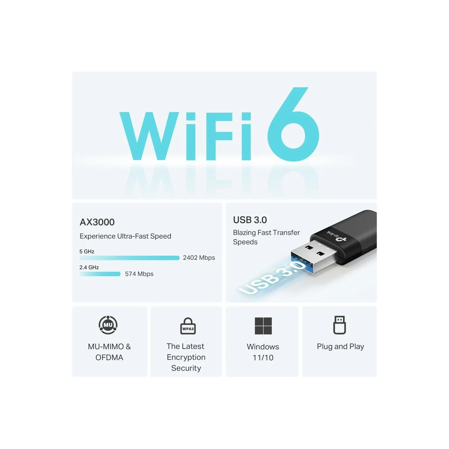 Tp-Link AX3000 Dual Band Wi-Fi 6 Wireless USB Adapter | Archer TX50U | 2.4 GHz, 5 GHz | 802.11ax | MU-MiMO No | no PoE | Antenna
