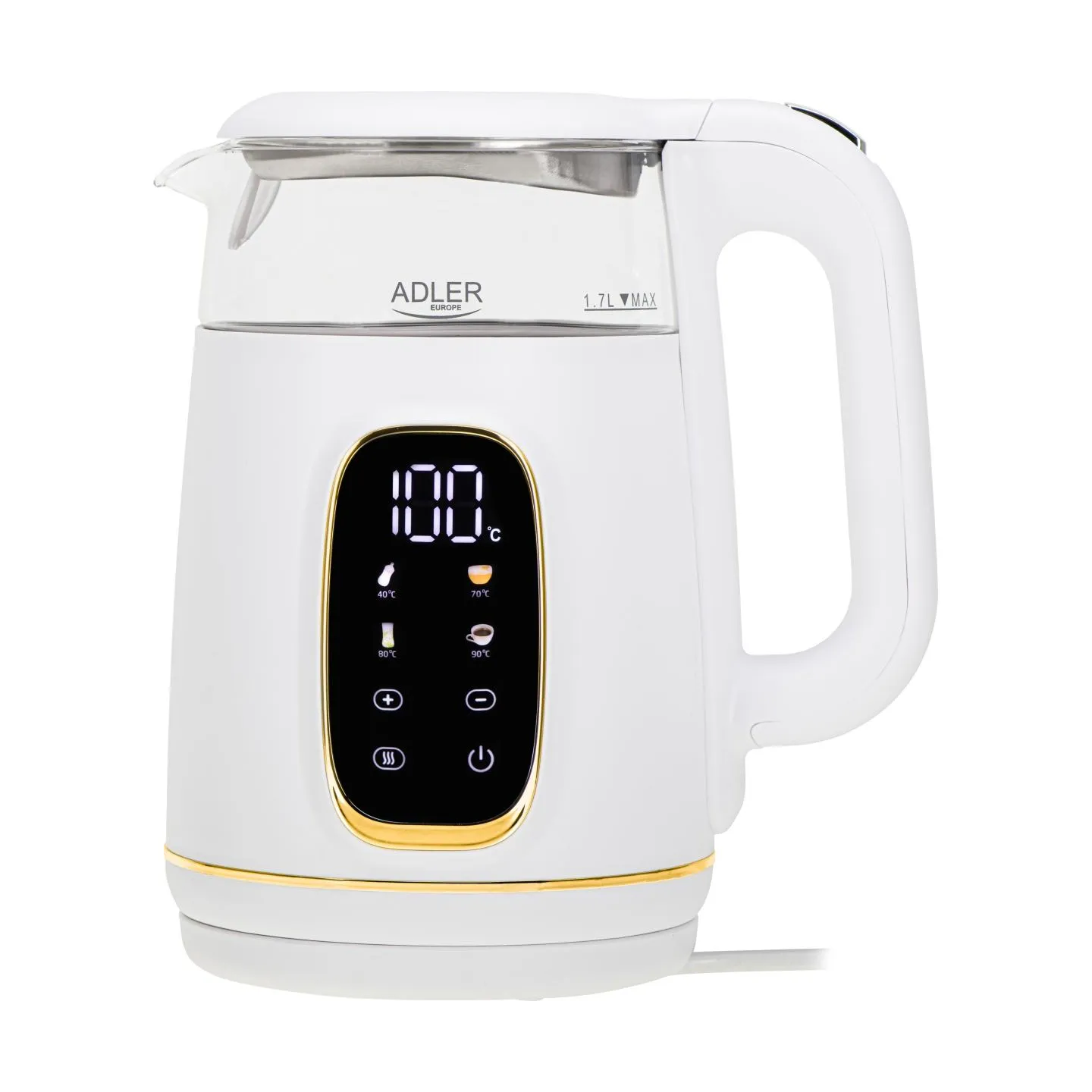 Adler Kettle with LED Display | AD 1305 | Electric | 2200 W | 1.7 L | Plastic | 360° rotational base | White/Gold