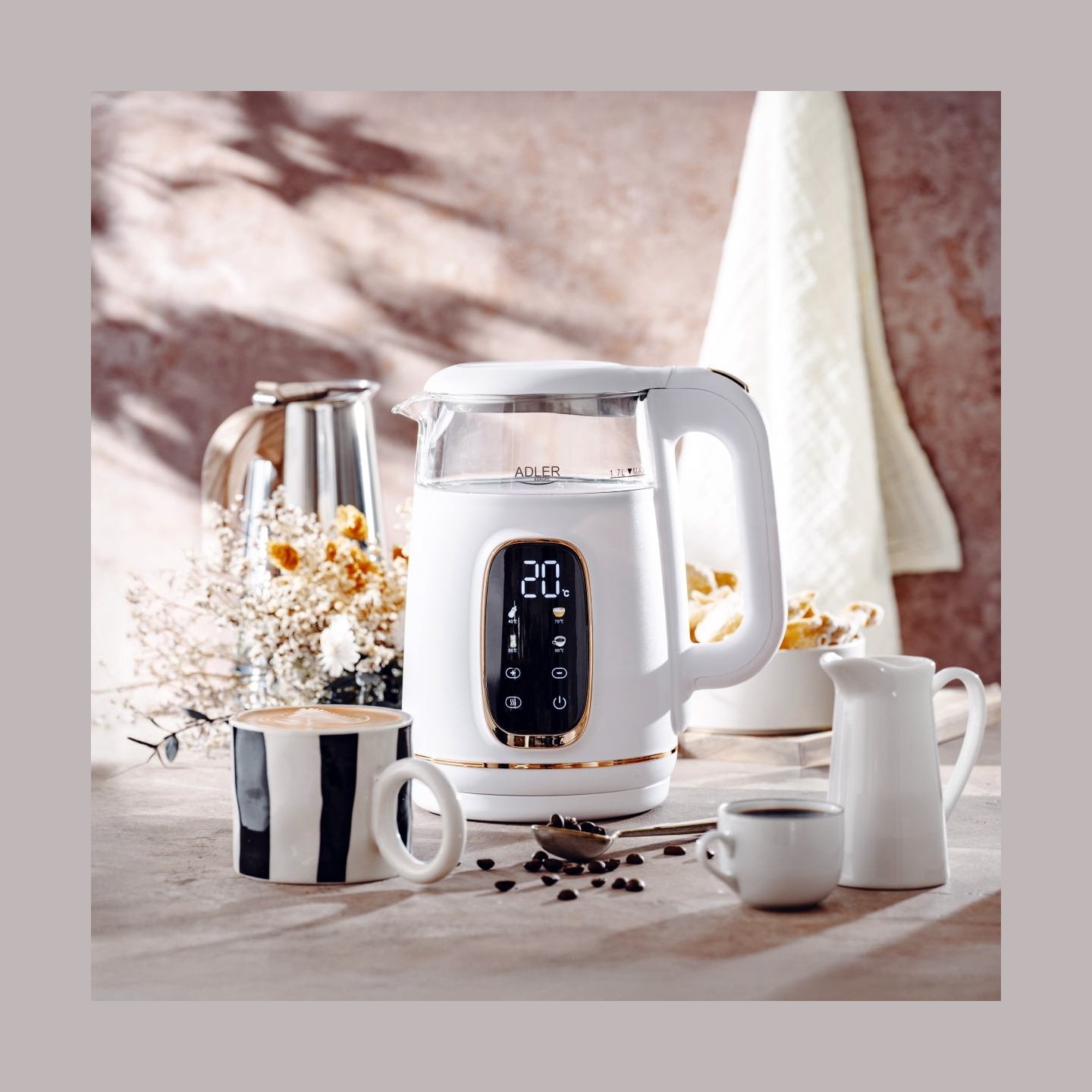 Adler Kettle with LED Display | AD 1305 | Electric | 2200 W | 1.7 L | Plastic | 360° rotational base | White/Gold