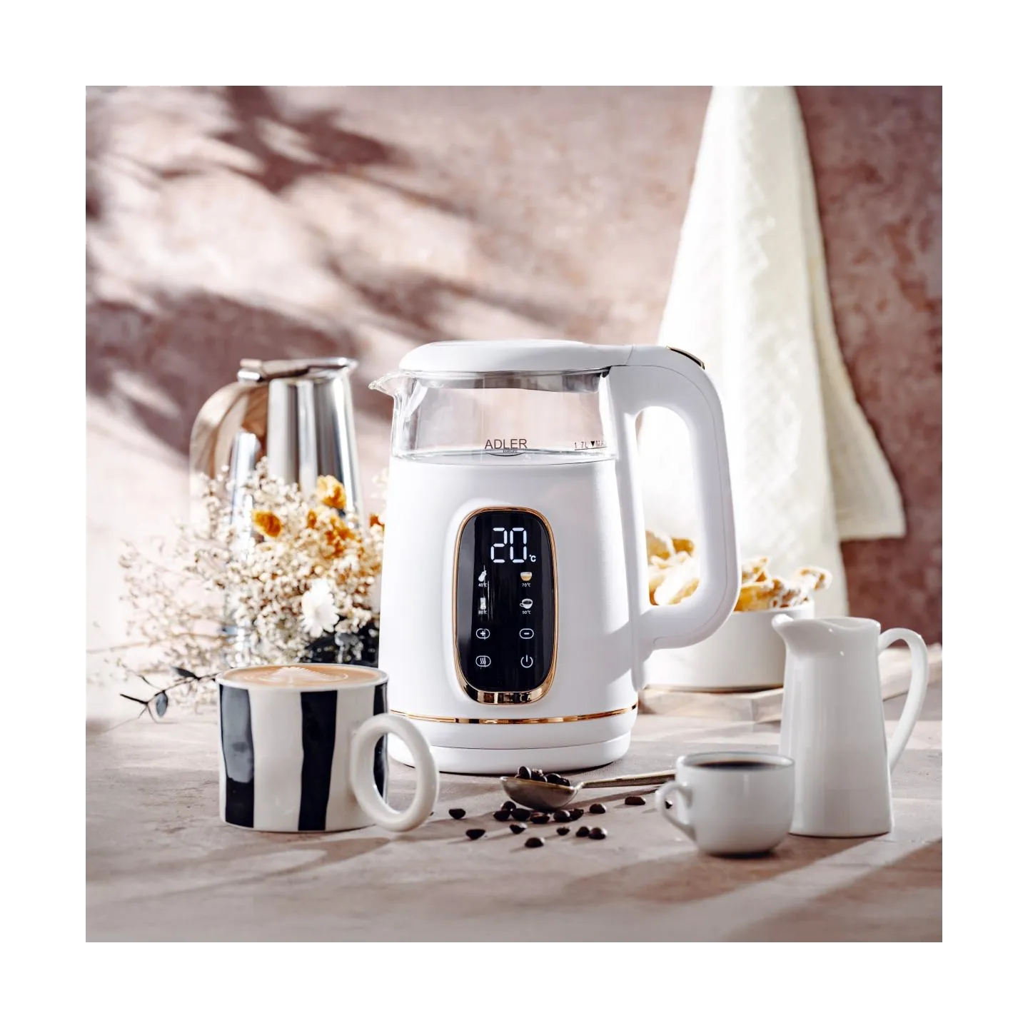 Adler Kettle with LED Display | AD 1305 | Electric | 2200 W | 1.7 L | Plastic | 360° rotational base | White/Gold