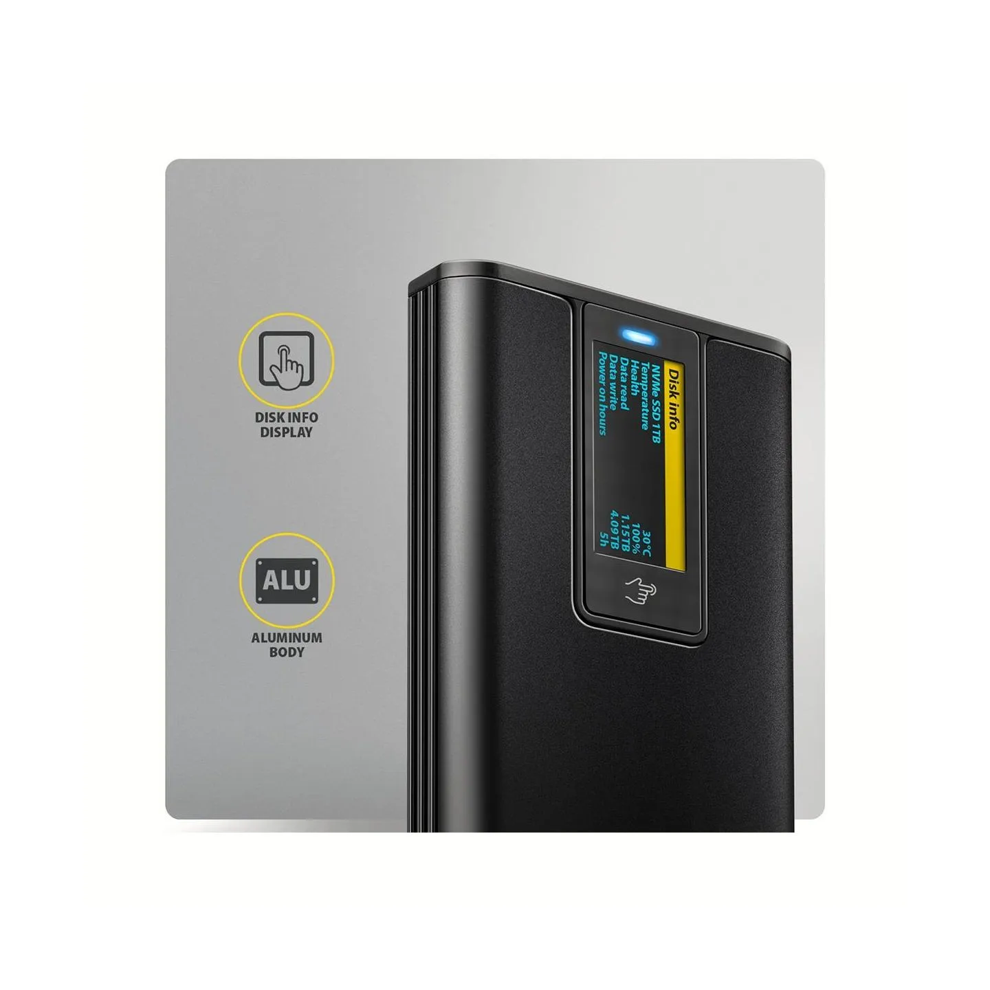 Axagon EEM2-SD2B USB-C 10Gbps-M.2 NVMe & SATA SSD DISPLAY box