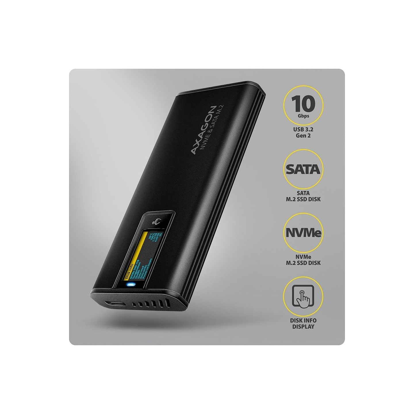 Axagon EEM2-SD2B USB-C 10Gbps-M.2 NVMe & SATA SSD DISPLAY box