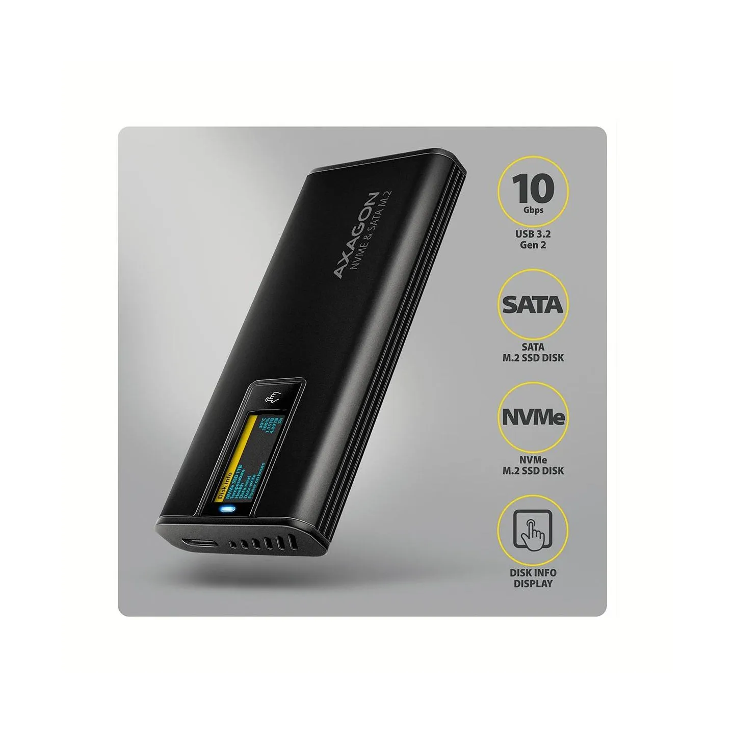 Axagon EEM2-SD2B USB-C 10Gbps-M.2 NVMe & SATA SSD DISPLAY box