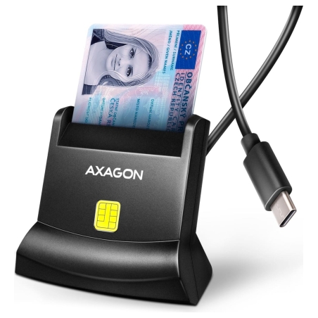 Axagon CRE-SM4NC USB-C Smart card StandReader. Universal desktop USB contact Smart ID card reader with a long USB-C cable.