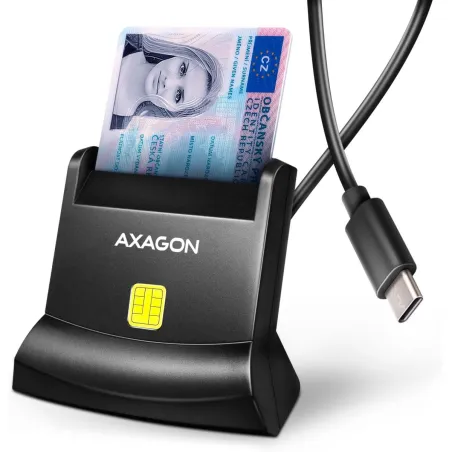 Axagon CRE-SM4NC USB-C Smart card StandReader. Universal desktop USB contact Smart ID card reader with a long USB-C cable.
