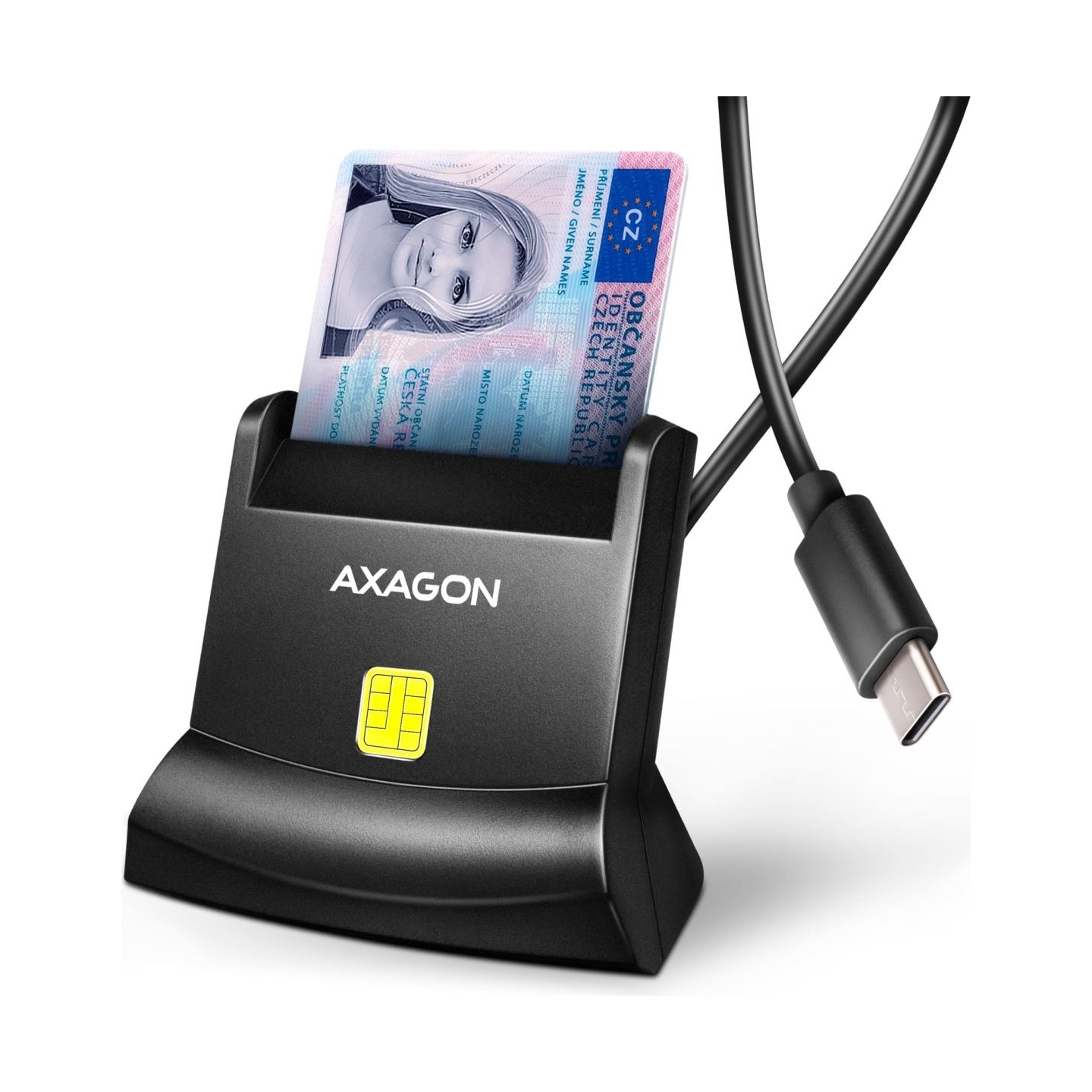 Axagon CRE-SM4NC USB-C Smart card StandReader. Universal desktop USB contact Smart ID card reader with a long USB-C cable.
