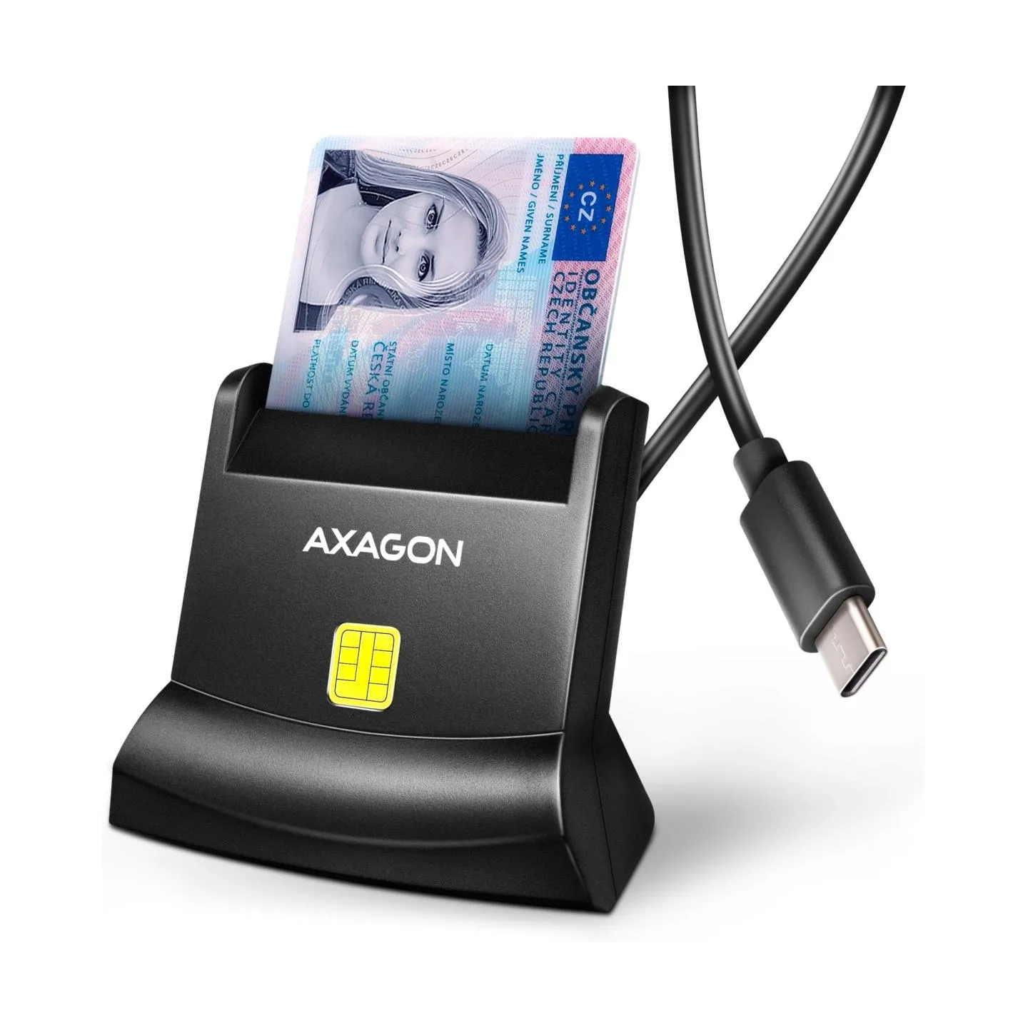 Axagon CRE-SM4NC USB-C Smart card StandReader. Universal desktop USB contact Smart ID card reader with a long USB-C cable.
