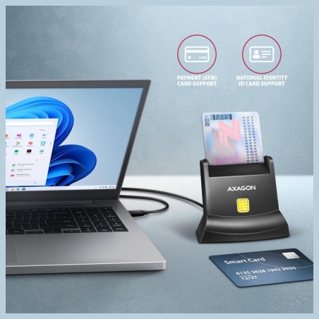Axagon CRE-SM4NC USB-C Smart card StandReader. Universal desktop USB contact Smart ID card reader with a long USB-C cable.