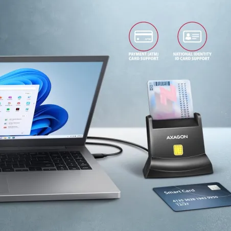 Axagon CRE-SM4NC USB-C Smart card StandReader. Universal desktop USB contact Smart ID card reader with a long USB-C cable.