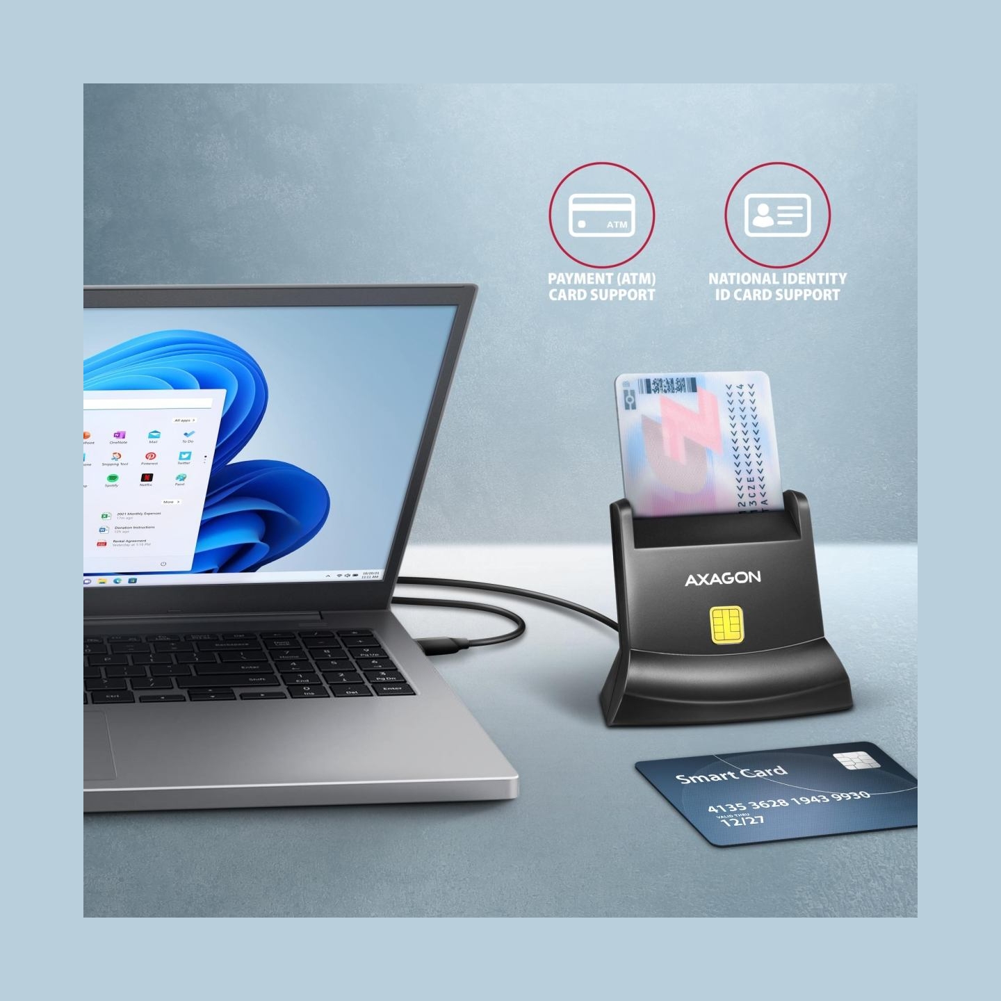 Axagon CRE-SM4NC USB-C Smart card StandReader. Universal desktop USB contact Smart ID card reader with a long USB-C cable.