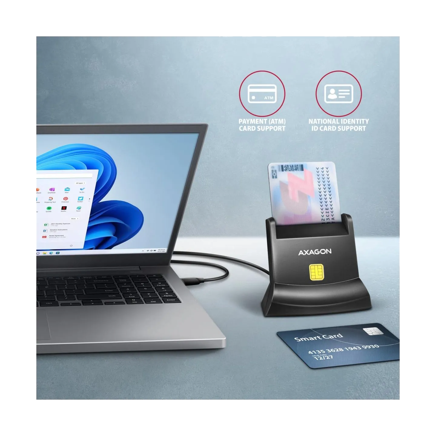 Axagon CRE-SM4NC USB-C Smart card StandReader. Universal desktop USB contact Smart ID card reader with a long USB-C cable.