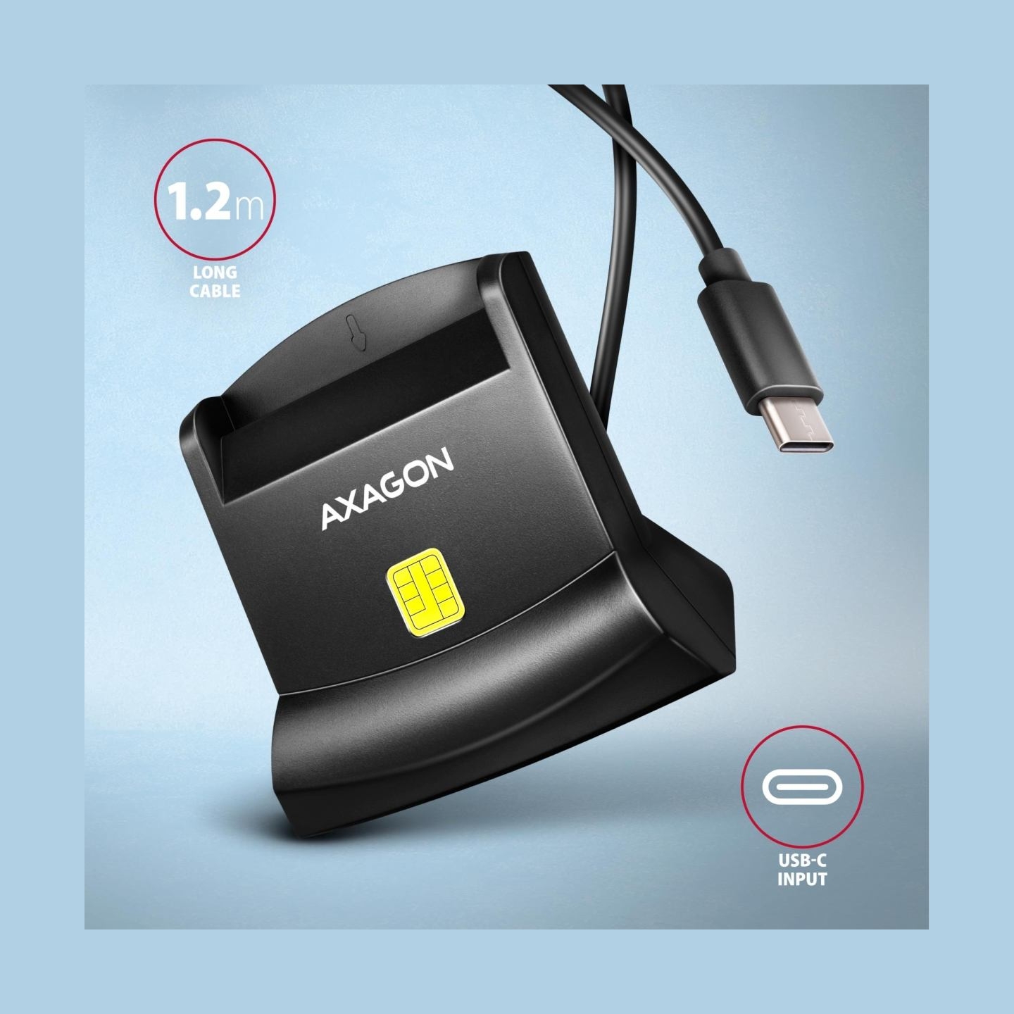 Axagon CRE-SM4NC USB-C Smart card StandReader. Universal desktop USB contact Smart ID card reader with a long USB-C cable.