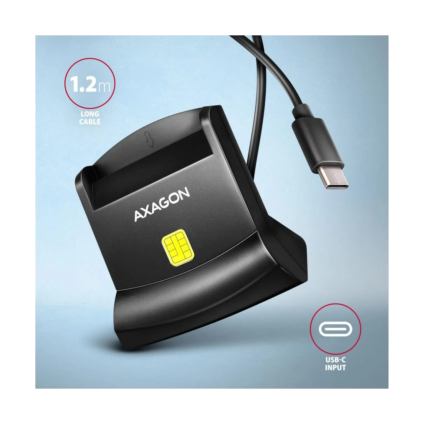 Axagon CRE-SM4NC USB-C Smart card StandReader. Universal desktop USB contact Smart ID card reader with a long USB-C cable.