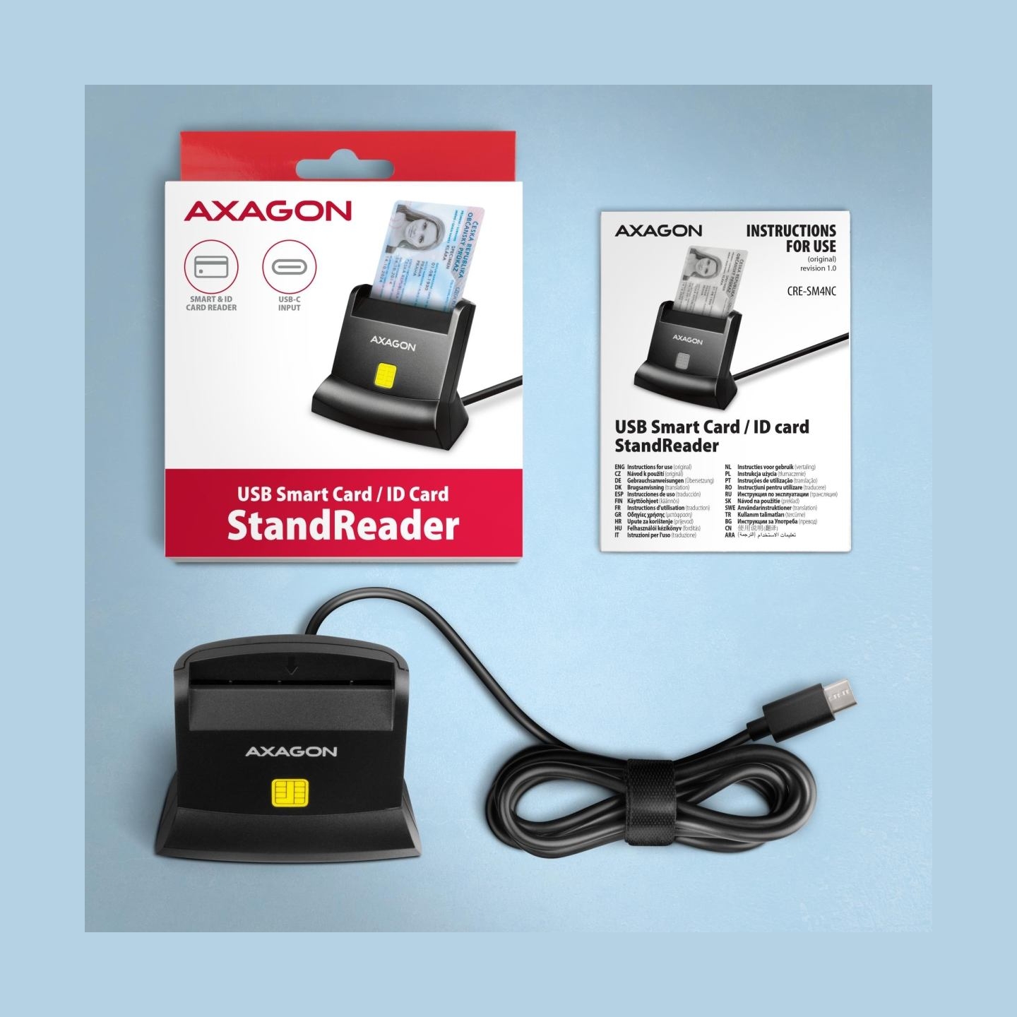 Axagon CRE-SM4NC USB-C Smart card StandReader. Universal desktop USB contact Smart ID card reader with a long USB-C cable.