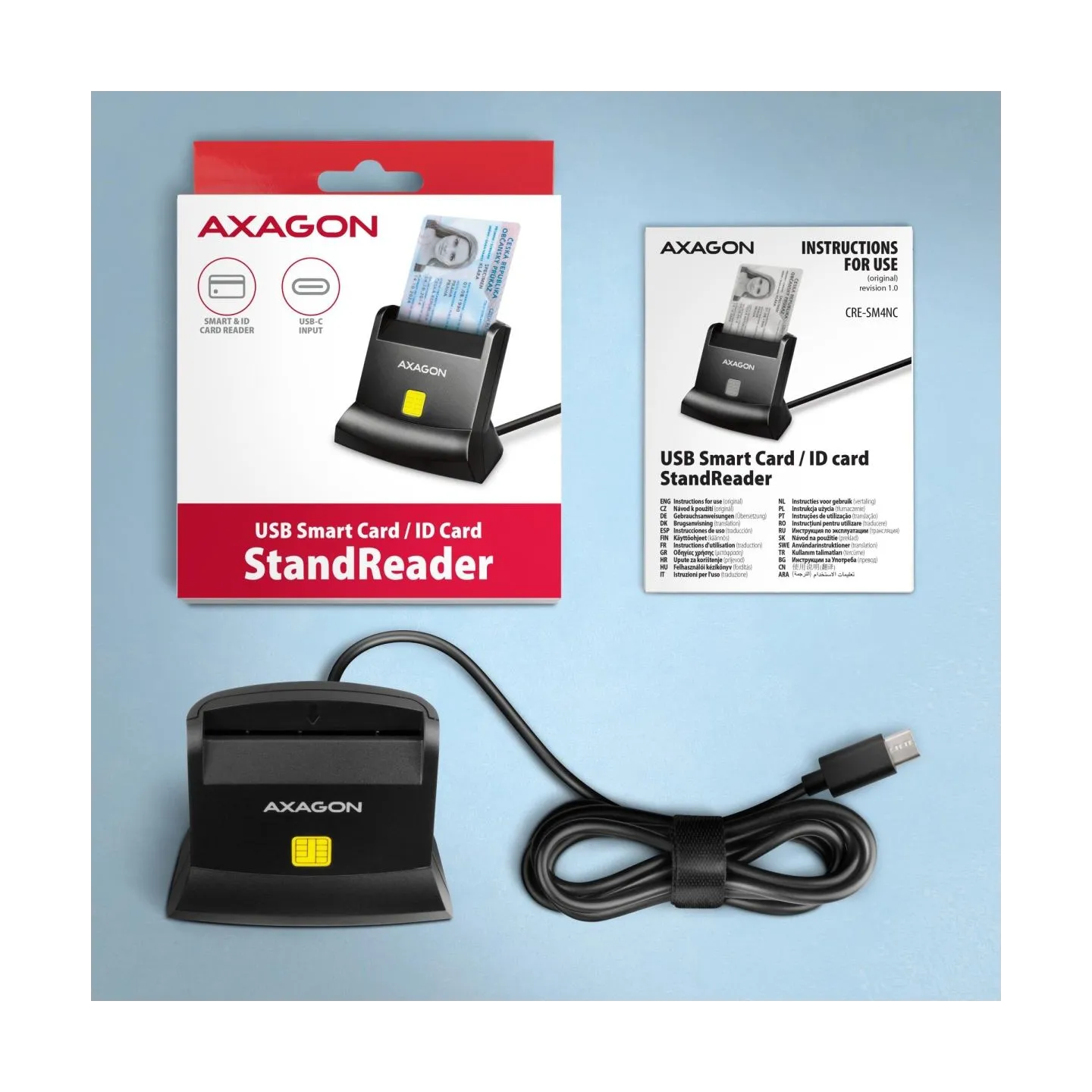Axagon CRE-SM4NC USB-C Smart card StandReader. Universal desktop USB contact Smart ID card reader with a long USB-C cable.