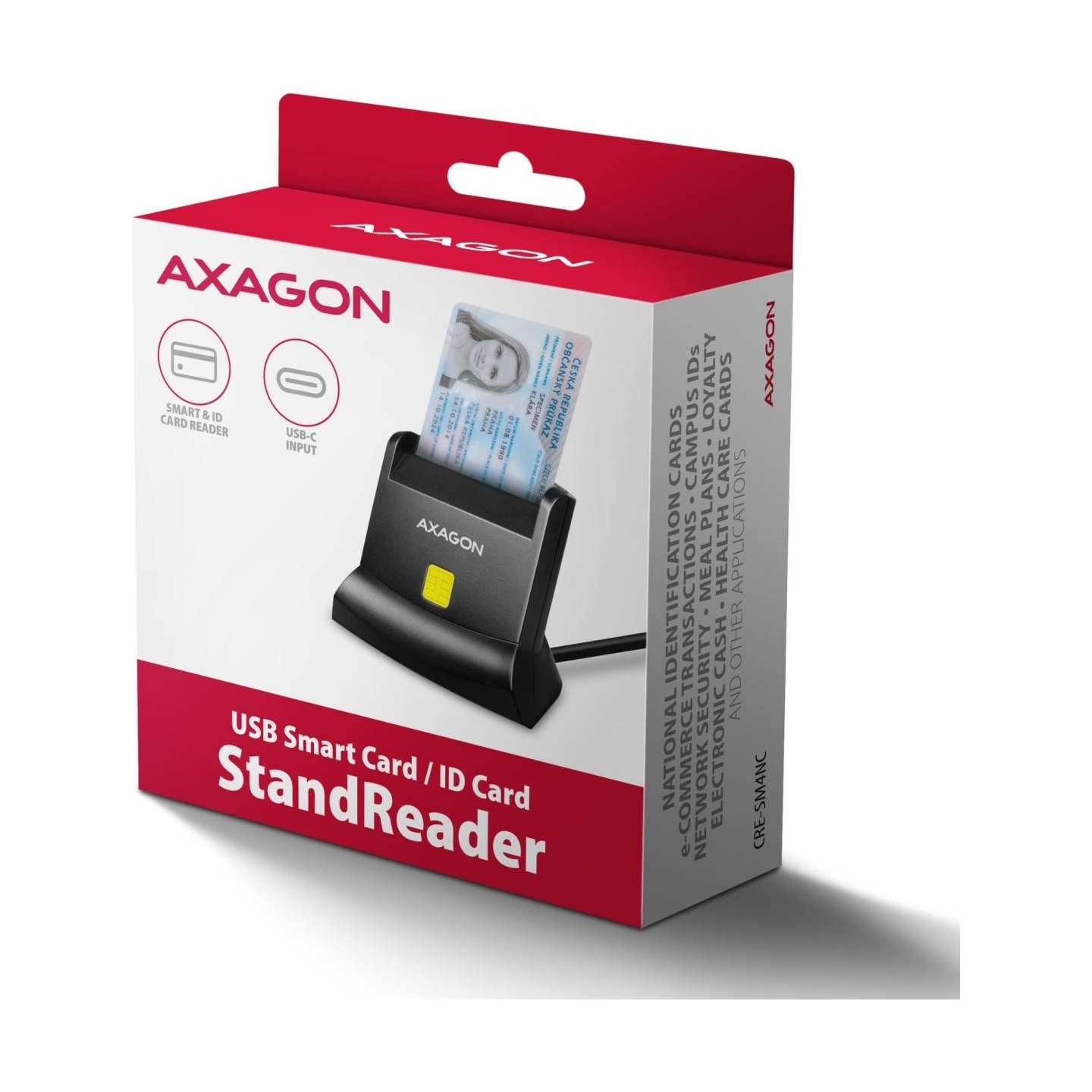 Axagon CRE-SM4NC USB-C Smart card StandReader. Universal desktop USB contact Smart ID card reader with a long USB-C cable.