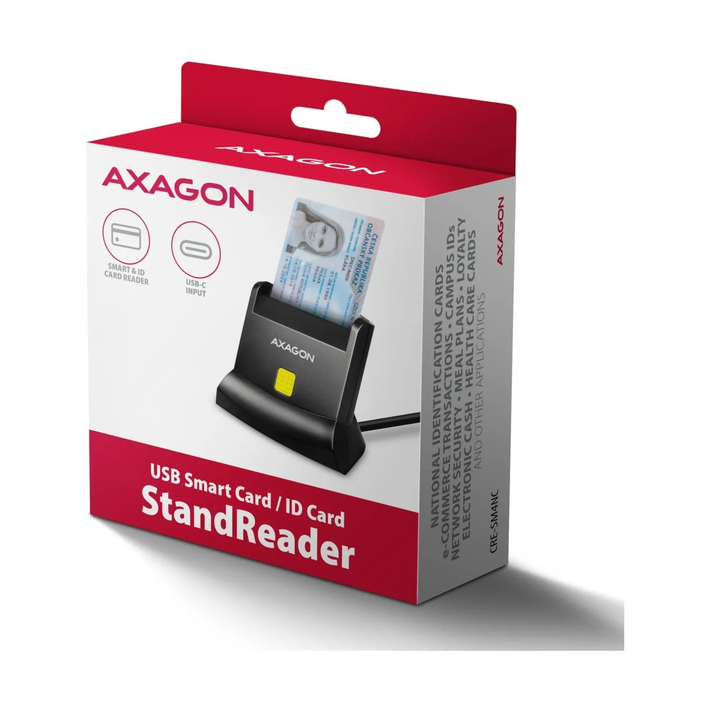 Axagon CRE-SM4NC USB-C Smart card StandReader. Universal desktop USB contact Smart ID card reader with a long USB-C cable.