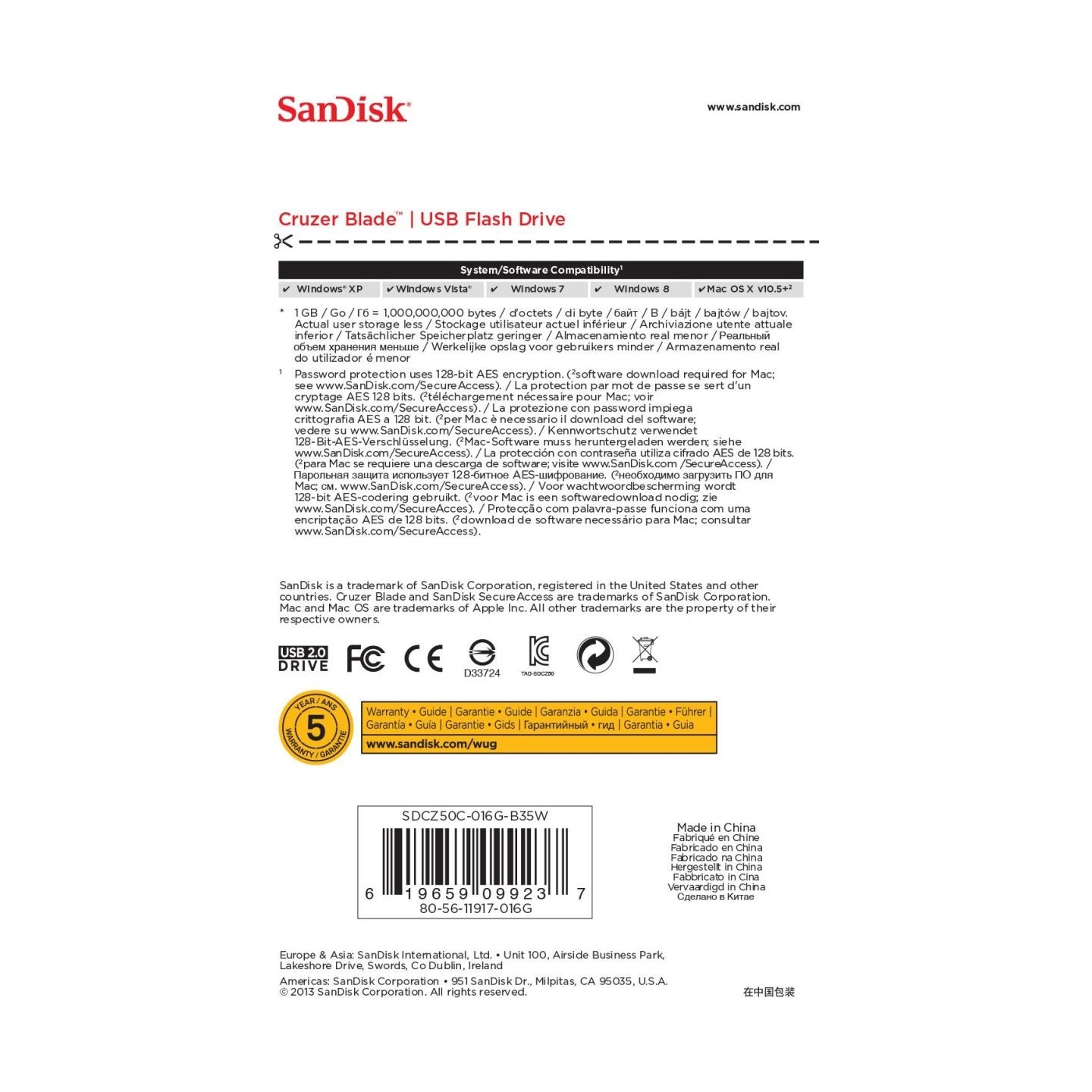 Sandisk MEMORY DRIVE FLASH USB2 16GB/SDCZ50C-016G-B35W SANDISK