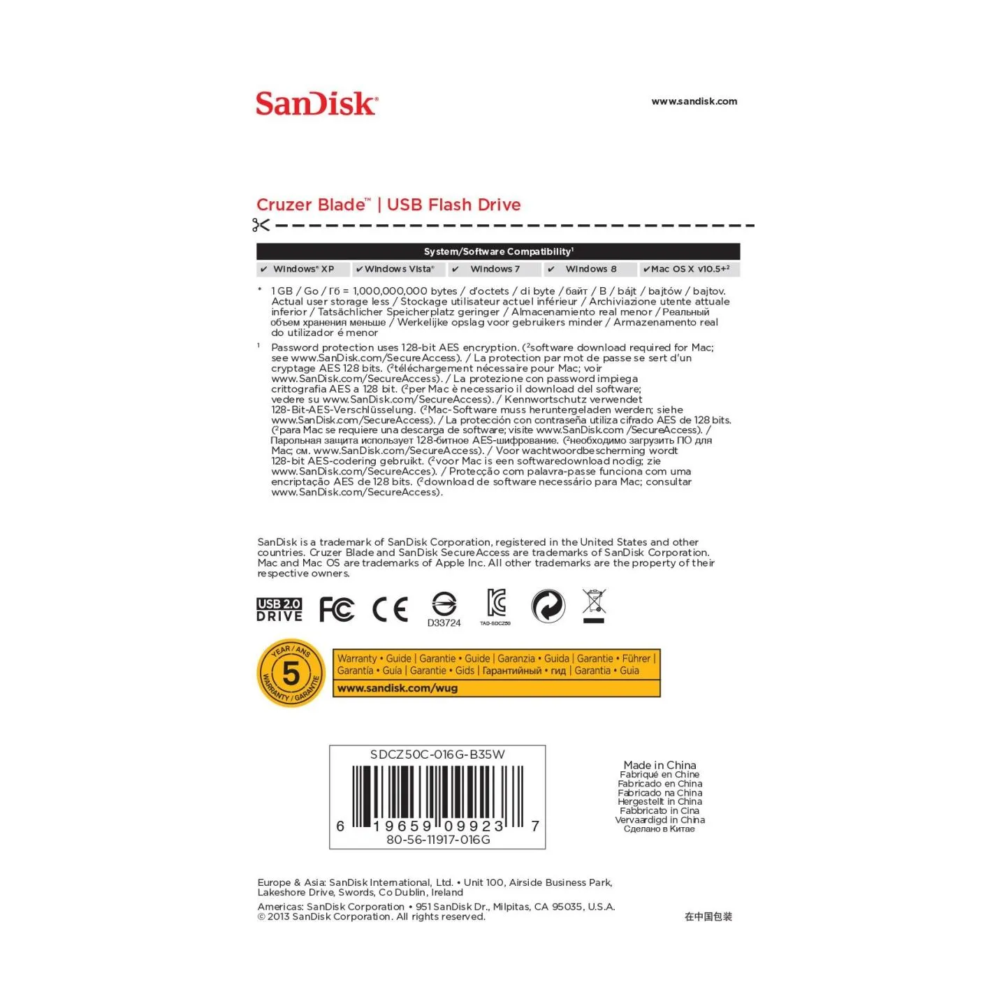 Sandisk MEMORY DRIVE FLASH USB2 16GB/SDCZ50C-016G-B35W SANDISK