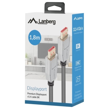 Lanberg DisplayPort M/M Cable 20 PIN V1.4 8K 60HZ | CA-DPDP-20CU-0018-BK | DisplayPort to DisplayPort | 1.8 m
