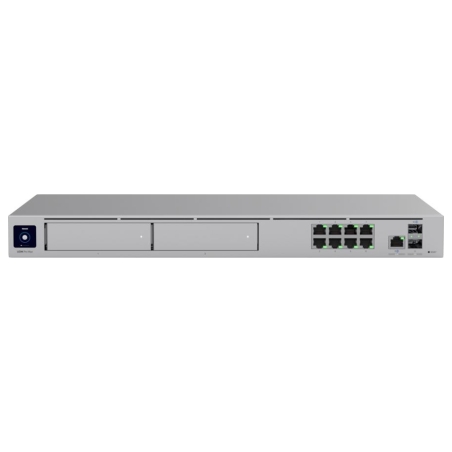 Ubiquiti rack-mount Cloud Gateway with 10 Gbps performance, multi-WAN load balancing, and two NVR drive bays designed for large-