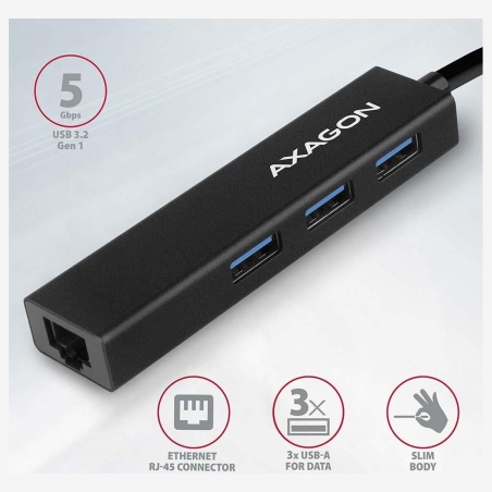 Axagon HMA-GL3A 3x USB-A + GLAN, USB3.2 Gen 1 hub, metal, 20cm USB-A cable