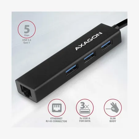 Axagon HMA-GL3A 3x USB-A + GLAN, USB3.2 Gen 1 hub, metal, 20cm USB-A cable