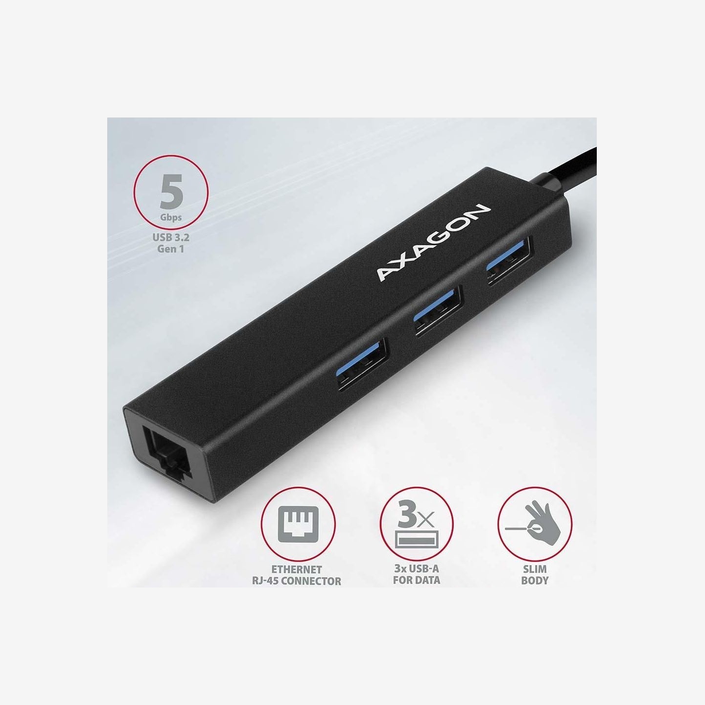 Axagon HMA-GL3A 3x USB-A + GLAN, USB3.2 Gen 1 hub, metal, 20cm USB-A cable