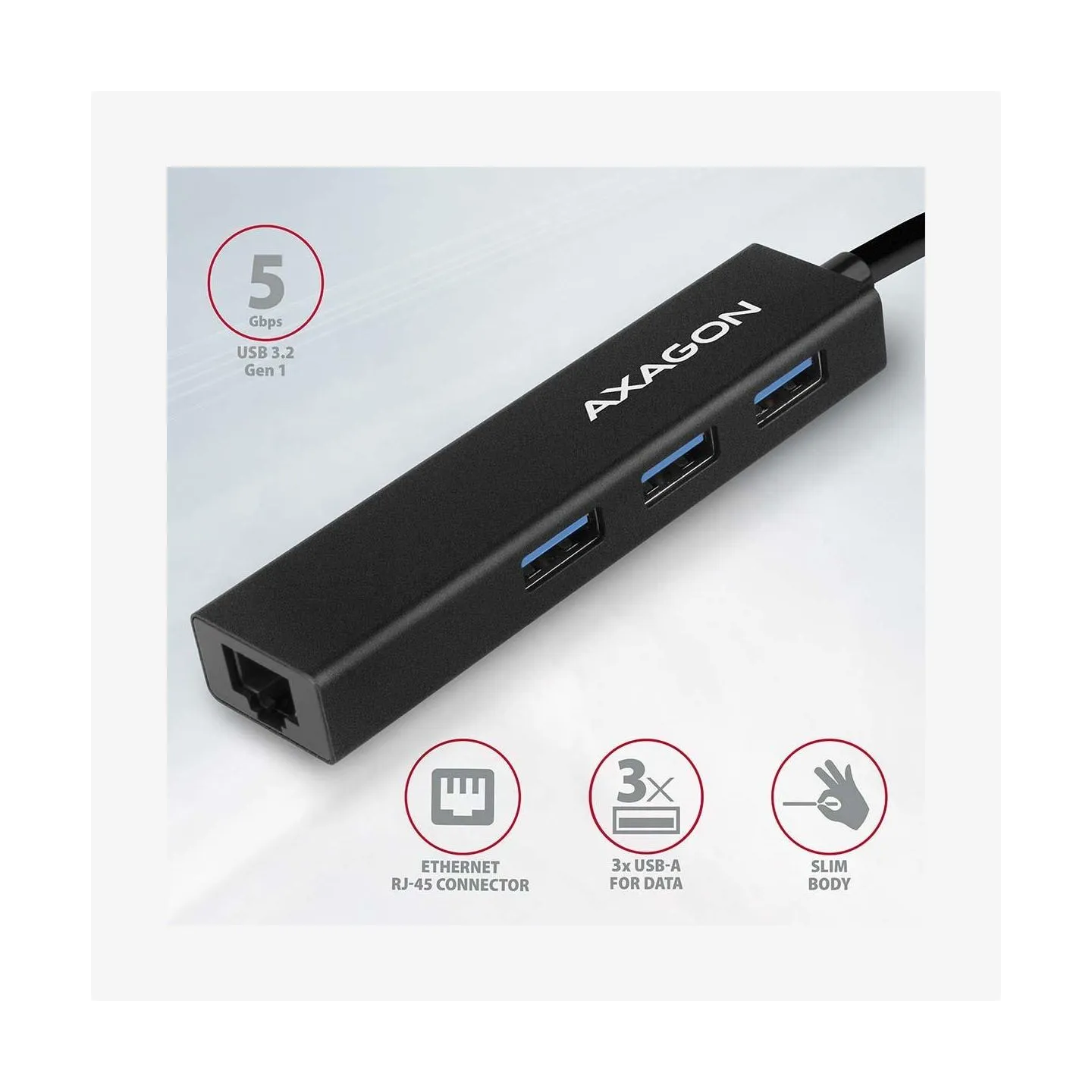 Axagon HMA-GL3A 3x USB-A + GLAN, USB3.2 Gen 1 hub, metal, 20cm USB-A cable