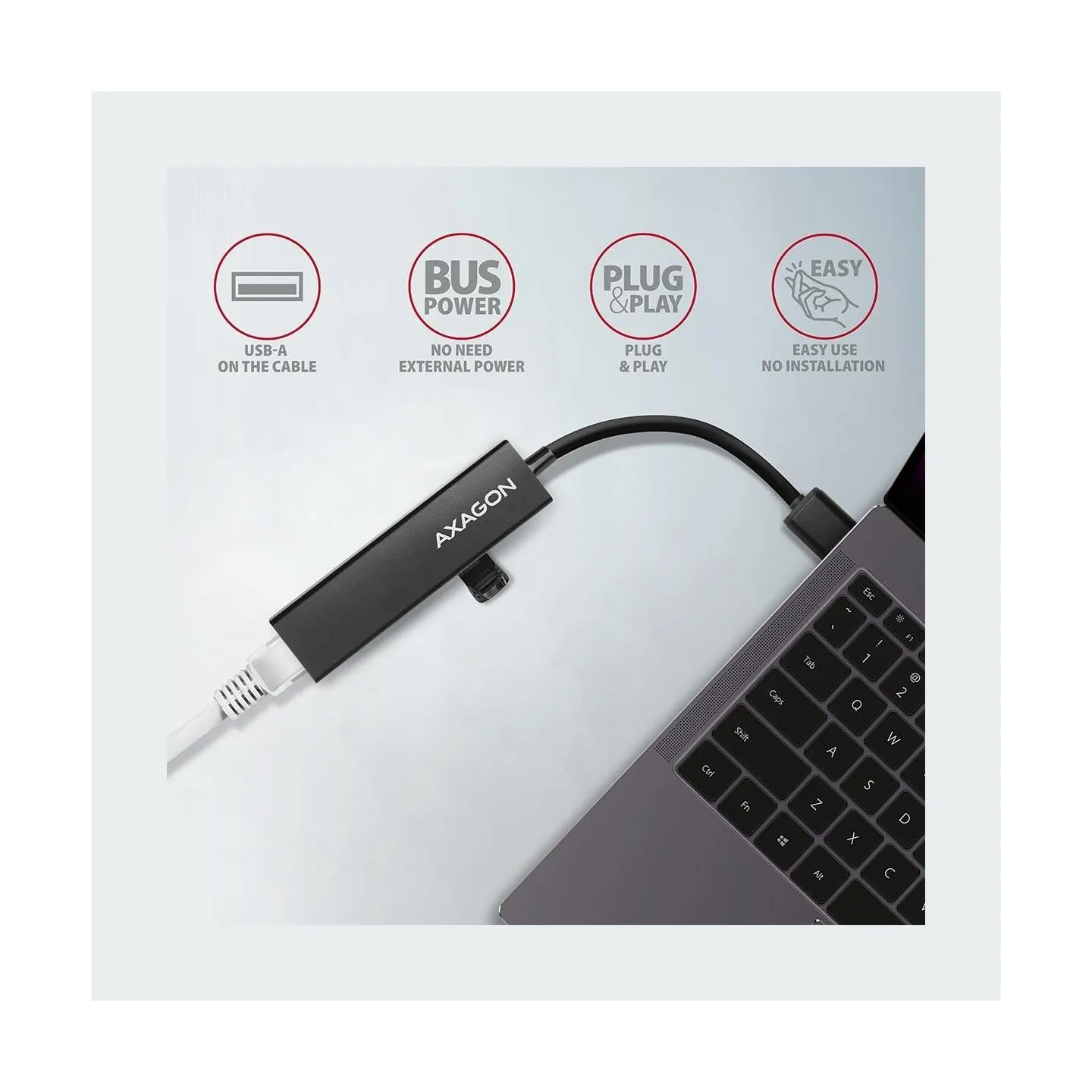 Axagon HMA-GL3A 3x USB-A + GLAN, USB3.2 Gen 1 hub, metal, 20cm USB-A cable