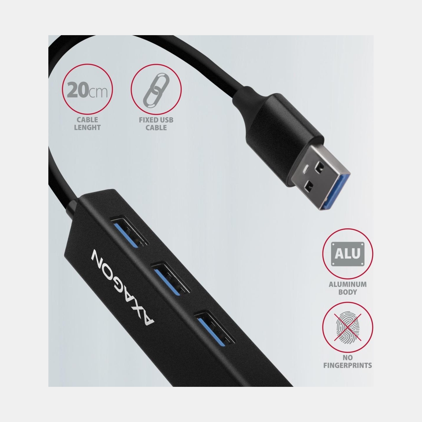 Axagon HMA-GL3A 3x USB-A + GLAN, USB3.2 Gen 1 hub, metal, 20cm USB-A cable